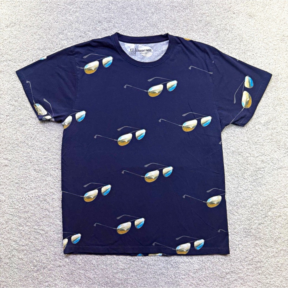 Straight Faded T-Shirt Mens XL Navy Blue Aviator Sunglasses All Over Print